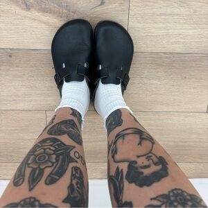 Birkenstock Black Leather Boston Clogs 38